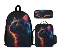 WECECE Zaino Cute Kitten Bambino con Portapranzo e Astuccio, Borsa Scuola Animal Cat Print Ragazza 7-12 Anni per Scuola Elementare e Tempo Libero