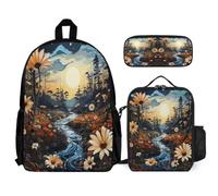 WECECE Zaino Daisy Motif Bambino con Sacchetto Pranzo Astuccio Matite, Borsa Scuola Plant Theme Ragazze 8-15 Anni per Scuola Media e Viaggio, Spallacci Regolabili e Tasche Laterali