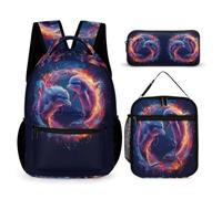 WECECE Zaino Dolphin Bambino per Classe 2-5 con Borsa Termica e Astuccio, Zaino Scuola Sea Creature Studenti 8-13 Anni per Uso Scolastico