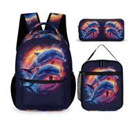 WECECE Zaino Dolphin Bambino per Classe 2-5 con Borsa Termica e Astuccio, Zaino Scuola Sea Creature Studenti 8-13 Anni per Uso Scolastico