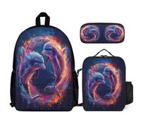 WECECE Zaino Dolphin Scuola Elementare Ragazzo 3 Pezzi, Set Zaini Sea Creature Bambina Set 8-15 anni con Sacchetto per Pranzo e Astuccio Matite, Zainetto Ragazza per Scuola