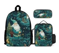 WECECE Zaino Father Christmas Ragazzo con Sacchetto Pranzo Astuccio, Borsa Scolastica Christmas Theme Bambini 8-13 Anni per Escursioni e Lezioni, Capiente per Libri Quaderni e Accessori