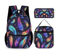 WECECE Zaino Feather Print Bambino per Classe 2-5 con Borsa Termica e Astuccio, Zaino Scuola Colourful Studenti 8-13 Anni per Lezioni