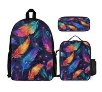 WECECE Zaino Feather Print Ragazze per Scuola Elementare Zaini Colourful Ragazza 3 Pezzi con Borsa Termica Astucci Matite Borsa Scuola Ragazzi Zainetti Set per Bambini Zaini Scolastici