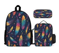 WECECE Zaino Feather Print Ragazze Scuola Elementare con Borsa Termica e Astuccio, Zaino Scuola Colourful Bambino 6-12 Anni per Uso Giornaliero