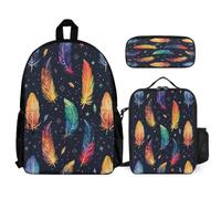 WECECE Zaino Feather Print Ragazzo con Sacchetto Pranzo Astuccio, Borsa Scolastica Colourful Bambini 8-13 Anni per Escursioni e Lezioni, Capiente per Libri Quaderni e Accessori
