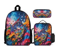 WECECE Zaino Flag Elements Bambina Scuola Elementare con Sacchetto Pranzo e Astuccio, Borsa Scuola Colourful Clock Ragazzi 6-12 Anni