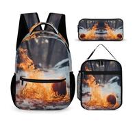 WECECE Zaino Flames Basketball Bambino per Classe 2-5 con Borsa Termica e Astuccio, Zaino Scuola Basketball Studenti 8-13 Anni per Uso Scolastico