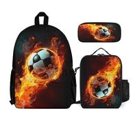 WECECE Zaino Flames Football Bambina Scuola Elementare con Sacchetto Pranzo e Astuccio, Borsa Scuola Soccer Ragazzi 6-12 Anni