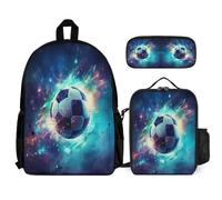 WECECE Zaino Football Pattern Scuola Elementare Bambino, 3 Pezzi Zaino Soccer per Ragazze con Borsa per il Pranzo e Astuccio, Zaini Ragazza Scuola Primaria e Media