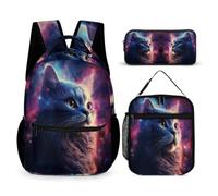 WECECE Zaino Galaxy Cat Scuola Elementare Bambina, 3 Pezzi Zaino per Ragazzi con Borsa per il Pranzo e Astuccio, Zaini Kitten Ragazza Traspirante Scuola Primaria e Media