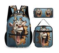WECECE Zaino Giraffe Bambini 3 Pezzi con Sacchetto per Pranzo e Astuccio Matite, Zainetto 3D Animal Cracker Bambina per Scuola Elementare 6-11 Anni