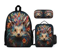WECECE Zaino Hedgehog Ragazzo con Sacchetto Pranzo Astuccio, Borsa Scolastica Animal Print Bambini 8-13 Anni per Escursioni e Lezioni, Capiente per Libri Quaderni e Accessori