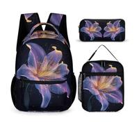 WECECE Zaino Lilies Scuola Elementare Bambina, 3 Pezzi Zaino per Ragazzi con Borsa per il Pranzo e Astuccio, Zaini Flower Ragazza Traspirante Scuola Primaria e Media