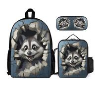 WECECE Zaino Little Raccoon Scuola Elementare Bambino, 3 Pezzi Zaino 3D Animal per Ragazze con Borsa per il Pranzo e Astuccio, Zaini Ragazza Scuola Primaria e Media
