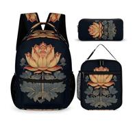 WECECE Zaino Lotus Bambino per Classe 2-5 con Borsa Termica e Astuccio, Zaino Scuola Flower Studenti 8-13 Anni per Lezioni