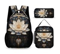 WECECE Zaino Lotus Ragazzo Primaria con Sacchetto per Pranzo e Astuccio, Set Zaini Flower Bambina 7-14 Anni per Viaggio e Lezioni