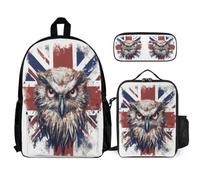 WECECE Zaino Owl Bambina Scuola Elementare con Sacchetto Pranzo e Astuccio, Borsa Scuola National Flag Theme Ragazzi 6-12 Anni