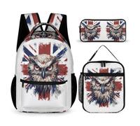 WECECE Zaino Owl Bambini 3 Pezzi con Sacchetto per Pranzo e Astuccio Matite, Zainetto National Flag Theme Bambina per Scuola Elementare 6-11 Anni