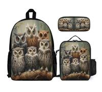 WECECE Zaino Owl Bambino con Portapranzo e Astuccio, Borsa Scuola Bird Theme Ragazza 7-12 Anni per Scuola Elementare e Tempo Libero