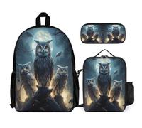 WECECE Zaino Owl Pattern Ragazze per Scuola Elementare Media Zaini Bird Theme Ragazzi 3 Pezzi con Borsa Termica Astucci Matite Borsa Scuola Ragazzi Zainetti Set per Bambini