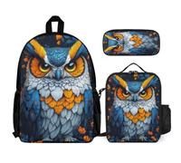 WECECE Zaino Owl Pattern Ragazzo con Sacchetto Pranzo Astuccio, Borsa Scolastica Bird Prints Bambini 8-13 Anni per Escursioni e Lezioni, Capiente per Libri Quaderni e Accessori