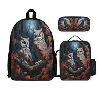 WECECE Zaino Owl Scuola Elementare Ragazzo 3 Pezzi, Set Zaini Bird Theme Bambina Set 8-15 anni con Sacchetto per Pranzo e Astuccio Matite, Zainetto Ragazza per Scuola