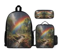 WECECE Zaino Rainbow Scuola Elementare Bambina 3 Pezzi, Set Zaini Colourful Landscape Ragazzi Set 7-12 anni con Sacchetto per Pranzo e Astuccio per Matite