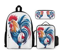 WECECE Zaino Rooster Scuola Elementare Bambino, 3 Pezzi Zaino French Gallic Chicken per Ragazze con Borsa per il Pranzo e Astuccio, Zaini Ragazza Scuola Primaria e Media