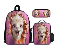 WECECE Zaino Scuola Alpaca Elementare Bambino 3 Pezzi, Set Zaini Animal Cracker 3D Bambina Set 6-11 anni con Sacchetto per Pranzo e Astuccio per Matite, Zainetto Ragazza Scuola
