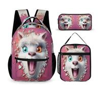 WECECE Zaino Scuola Alpaca Ragazza Elementare con Sacchetto per Pranzo e Astuccio, Set Zaini Animal Cracker 3D Bambini 6-11 Anni, Leggero e Resistente