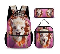 WECECE Zaino Scuola Alpaca Ragazzi 3 Pezzi con Borsa Termica e Astuccio, Zainetto Animal Cracker 3D Ragazza 7-13 Anni per Uso Quotidiano e Viaggio, Tasche Laterali Porta Bottiglia