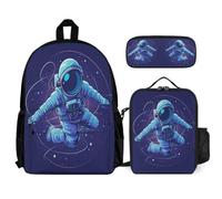 WECECE Zaino Scuola Astronaut Bambini 3 Pezzi con Sacchetto Pranzo e Astuccio Matite, Set Zaini Spaceman Ragazza 6-13 Anni per Elementare