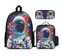WECECE Zaino Scuola Astronaut Bambino con Portapranzo e Astuccio Matite, Borsa Scolastica Spaceman Ragazze Classe 2-5 per Studio