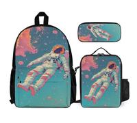 WECECE Zaino Scuola Astronaut Ragazza Elementare con Sacchetto per Pranzo e Astuccio, Set Zaini Spaceman Bambini 6-11 Anni, Capiente e Resistente
