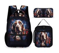 WECECE Zaino Scuola Baquito Hound Dog Elementare Bambina 3 Pezzi con Borsa Termica e Astuccio per Matite, Set Zaini Puppy Animal Bambino 6-12 Anni per Uso Quotidiano