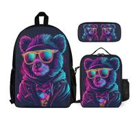 WECECE Zaino Scuola Bear Pattern Bambina per Classe 1-3 con Borsa Termica e Astuccio, Set Zaini Animal Print Ragazzo per Scuola Primaria 6-10 Anni