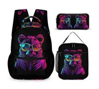 WECECE Zaino Scuola Bear Pattern Bambino con Sacchetto per Pranzo e Astuccio, Set Zaini Animal Print Bambina Classe 1-3 per Primaria e Regalo Back to School