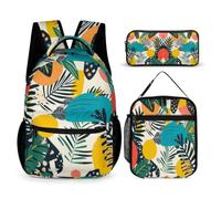 WECECE Zaino Scuola Botanical Print Studenti 6-12 Anni con Sacchetto per Pranzo e Astuccio, Set Zaini Tropical Leaves Ragazza per Elementare e Attività