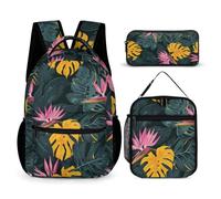 WECECE Zaino Scuola Botanical Print Studenti con Borsa Termica e Astuccio, Set Zaini Tropical Leaves Ragazza 6-12 Anni per Elementare e Tempo Libero