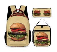 WECECE Zaino Scuola Burger Print Bambina con Portapranzo e Astuccio, Set di Zaino Food Pattern Studenti 8-15 Anni per Scuola Media, Capiente per Libri Quaderni e Accessori Scolastici