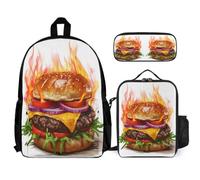 WECECE Zaino Scuola Burger Print Studenti con Portapranzo e Astuccio, Set Zaini Food Pattern Ragazzo Classe 3-5 per Attività Scolastiche