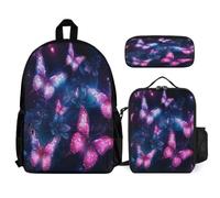WECECE Zaino Scuola Butterfly Bambino con Portapranzo e Astuccio Matite, Borsa Scuola Colourful Ragazza 7-12 Anni per Uso Quotidiano