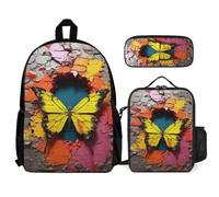 WECECE Zaino Scuola Butterfly Ragazzi per Classe 1-3 con Portapranzo e Astuccio, Set di Zaino 3D Bambina 6-10 Anni per Primaria, Capiente Libri Quaderni e Accessori