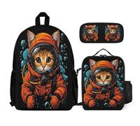 WECECE Zaino Scuola Cat Bambino con Portapranzo e Astuccio, Borsa Scolastica Animal Kitten Ragazza 7-12 Anni per Lezioni e Tempo Libero