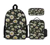 WECECE Zaino Scuola Chamomile Daisy Bambino con Portapranzo e Astuccio, Borsa Scolastica Flower Ragazza 7-12 Anni per Lezioni e Tempo Libero