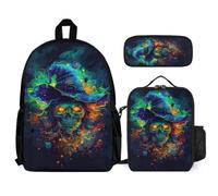 WECECE Zaino Scuola Christmas Theme Studenti con Portapranzo e Astuccio, Set Zaini Skeleton Ragazzo Classe 3-5 per Attività Scolastiche