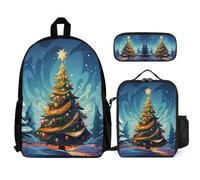 WECECE Zaino Scuola Christmas Tree Print Ragazzi 3 Pezzi con Borsa Termica e Astuccio, Zainetto Ragazza 7-13 Anni per Uso Quotidiano e Viaggio