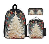 WECECE Zaino Scuola Christmas Tree Print Ragazzi con Borsa Termica e Astuccio, Set Zaini Bambini 8-15 Anni per Elementare Media, Capiente per Libri Quaderni e Accessori Scolastici