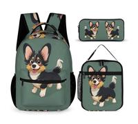 WECECE Zaino Scuola Corgi Bambino Elementare con Portapranzo e Astuccio Matite, Borsa Scuola Dog Print Ragazza 7-12 Anni per Lezioni